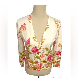 Talbots Floral V Neck Button Down Cotton Sweater Petite Small